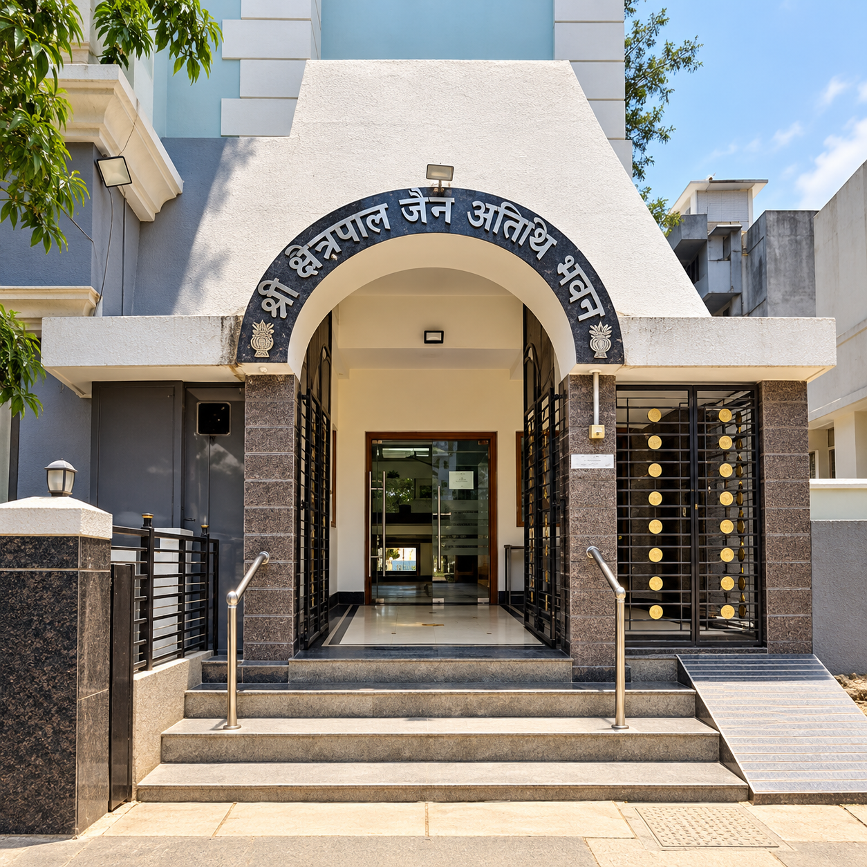 AI-enhanced interpretation of the Bhavan entrance, based on the supplied property photograph