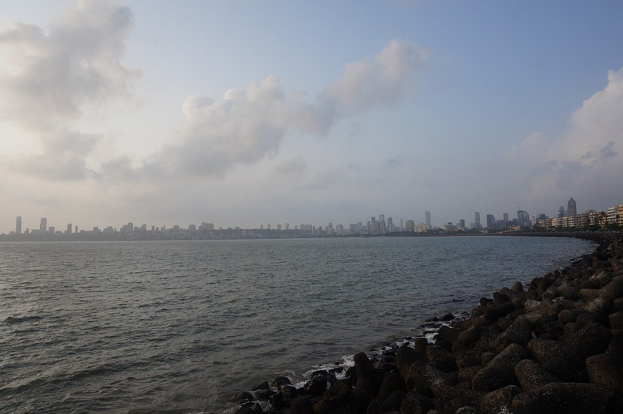 Mumbai skyline across the water, seen from Marine Drive